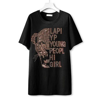 Vasaras Leopard galvas modelis karstā dimanta īsām piedurknēm T-krekls sievietēm jaunajā Eiropā stilu zaudēt plus lieluma Gadījuma ilgi, topi, sieviešu