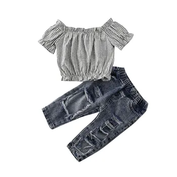 Vasaras Meitene Bērnu Apģērbs Ar Īsām Piedurknēm Pie Pleca Svītrains Tops+Caurums Bikses Tērpiem Modes Bērniem Meitene Apģērba Komplekts