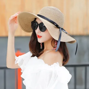Vasaras Platām Malām, balta, Salmu Cepures Liels Saules Cepures Sievietēm, UV Aizsardzība Panama floppy Pludmales Cepures Dāmas loku cepuri chapeau femme