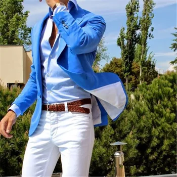 Vasaras Stils Pielāgotus, Royal Blue Coat Balts Elsas Uzvalks, Žakete Ekskluzīvs Vīriešu Smokings Mens Kāzu Tērpi 2Pieces(Jaka+Elsas)