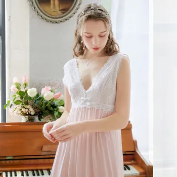 Vasaras Vintage Nightdress Dāmas Viktorijas Nightgowns Bez Piedurknēm, Garās Mežģīņu Sexy Sievietes Sleepwear Plus Lieluma Negligee Rozā Balts