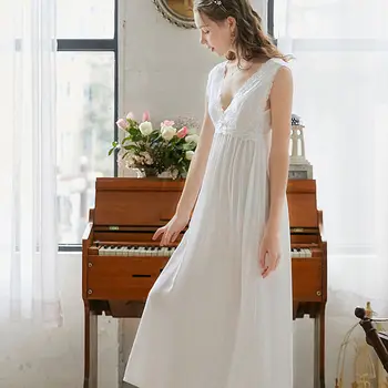 Vasaras Vintage Nightdress Dāmas Viktorijas Nightgowns Bez Piedurknēm, Garās Mežģīņu Sexy Sievietes Sleepwear Plus Lieluma Negligee Rozā Balts