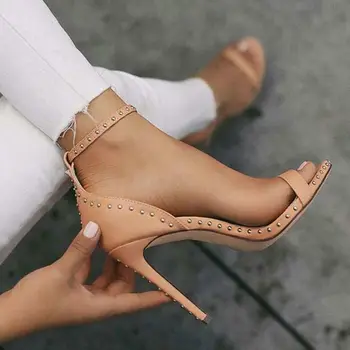 Vasaras augstpapēžu kurpes sieviešu melns duncis open toe sandales gladiatoru dāmas sexy kniežu sprādzi potītes siksniņu sandales puse