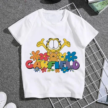 Vasaras gadījuma bērnu T-krekls Ulzzang streetwear Kawai kaķis Garfield print T-krekls korejas krekls Harajuku īsām piedurknēm Tshirt