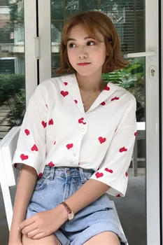 Vasaras korejiešu Versiju Sieviešu Blūze Vēja sarkano Persiku Sirds Pērle Pogu Krekls Studenti Mīlestības Pusē Apakšā Piedurknēm Krekls Sievietēm