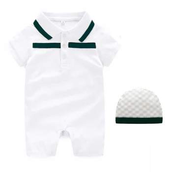 Vasaras modes puiku drēbes kokvilnas ar īsām piedurknēm Vēstuli G Raibs toddler jaundzimušais meitene kombinezonus Un cepure 0-3 mēneši