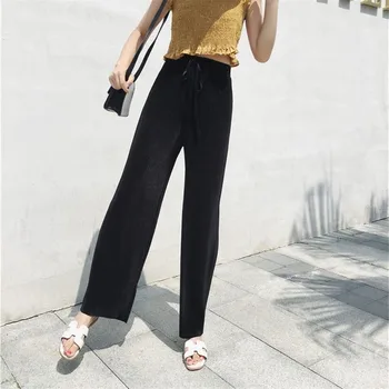 Vasaras plaša kāju bikses sieviešu ikdienas zaudēt taisni Potītes Garuma Bikses korejiešu stilā, Elastīga vidukļa mežģīnes up dāmas šifona bikses