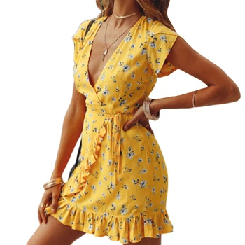 Vasaras sieviešu ziedu drukāt mini kleita dāmas īsām piedurknēm dzeltena V veida Kakla pārsējs taisni sundress Ruffles brīvdienu gadījuma vestidos