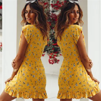 Vasaras sieviešu ziedu drukāt mini kleita dāmas īsām piedurknēm dzeltena V veida Kakla pārsējs taisni sundress Ruffles brīvdienu gadījuma vestidos