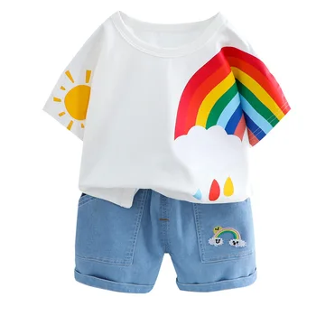 Vasarā Bērni Komplekti Zēniem, Meitenēm Modes Apģērbu Komplekti Bērniem Kokvilnas Varavīksnes Drukas T-krekls + Džinsa Bikses divdaļīga Bērnu Apģērbs