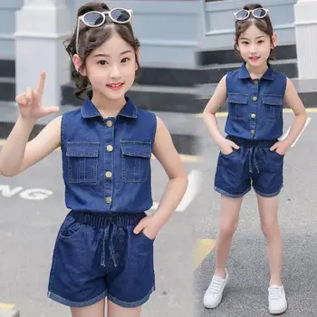 Vasarā Bērniem Baby Girl Apģērbu Iestatīt vienkrāsainu T-krekls+Ikdienas īsās bikses-Šorti 2GAB Bērnu Džinsa Apģērbu Uzvalks, Vecums 4 6 8 10 12 Gadiem