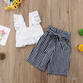 Vasarā Jauni Zils Svītrains Mežģīnes Toddler Bērniem, Baby Meitenes Apģērbt Uzstādīt Crop Topi Veste + Bikses Tērpiem Komplekts Bērniem Meiteņu Apģērbs