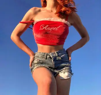 Vasarā Sievietēm Kultūraugu Top Sexy Tanks T-Krekls Pārsprieguma Eņģelis Tilla Detalizētu Sarkanā Samta Strappy Bez Piedurknēm 2020. Gada Pavasara Modes Blūze