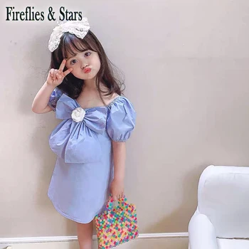 Vasarā meitenes, kleita, Bērnu kleitu bērni vestidos Bērnu modes apģērbu zilā princese lielo loku plāksteris ziedu dvesma piedurknēm 3 līdz 8 gadiem