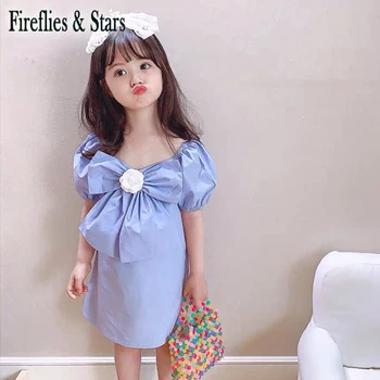 Vasarā meitenes, kleita, Bērnu kleitu bērni vestidos Bērnu modes apģērbu zilā princese lielo loku plāksteris ziedu dvesma piedurknēm 3 līdz 8 gadiem