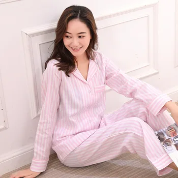 Veicināšanas Pavasara Sievietes Ilgi Mājās Valkā Striped Pajamas Savukārt Apkakle Seksīgas Mājas Drēbes ar garām Piedurknēm Loungewear Rozā Pijamas