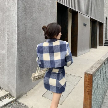 Vilnas pleds svārki uzvalks sieviešu pavasara sezonā jaunas temperamentu Hong Kong stils, retro šiks divdaļīga svārki