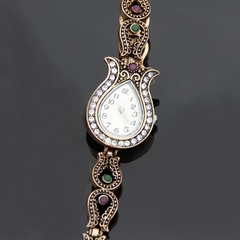 Vintage Classic Elegants, Tīrs Turku Ziedu Sievietes Rokassprādzi, Pulksteņi, Antikvariāts Process Rhinestone Rokassprādze Regulējama Sveķu Dresswatch