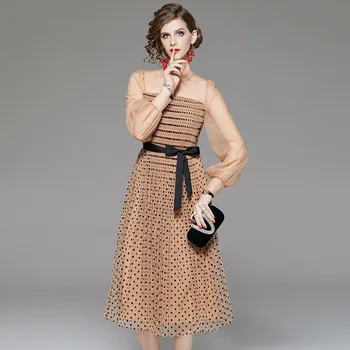 Vintage Dot Kleita Sievietēm ar garām Piedurknēm Slim-line Acs Kleitas Vestidos Mujer 