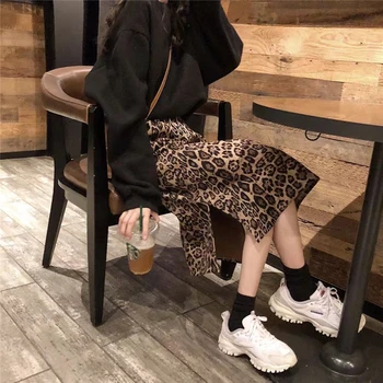 Vintage Leoparda Svārki Korejiešu Stila Augsto Vidukli Stiching Krāsu Sadalīt Svārki Gadījuma Dāma Zaudēt Stright Saias Feamle 2020