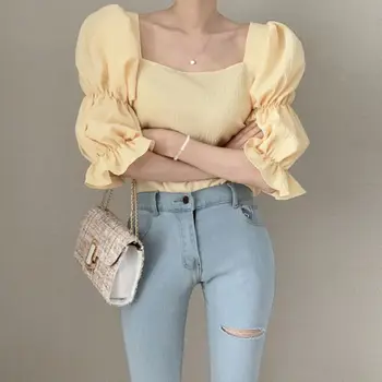 Vintage Puff Sleeve Sieviešu Blūze Vasaras Kvadrātveida Kakla Tīrtoņa Krāsu Korejiešu Stilā, Topi, Sieviešu Sexy Slim Modes Blūze