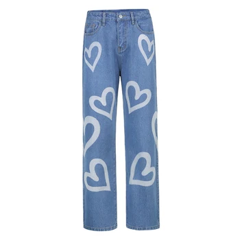 Vintage Sirds Iespiesti Baggy Džinsi Sievietēm ar Augstu Vidukļa Harajuku Estētisko Mamma Jeans Denim Streetwear 90s Bikses