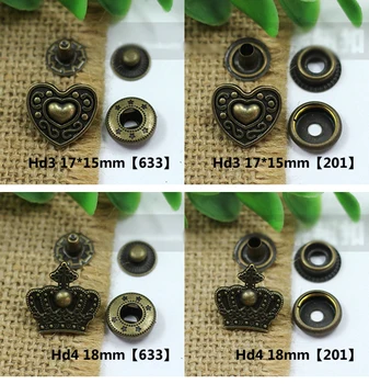 Vintage bronzas krāsā vainaga ziedu sirds dizaina metāla snap pogu, 50gab/daudz