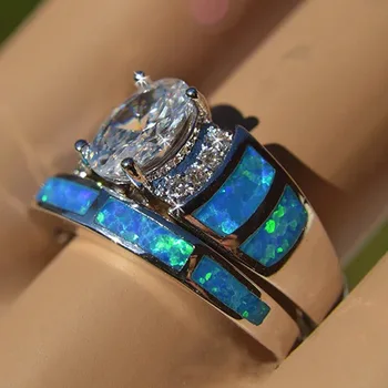 Vintage gredzenu komplekti 925 Sterling sudraba Bijou Opal Cz Akmens Puse Kāzu Joslā Gredzeni sievietēm Līgavas Modes Rotaslietas Dāvanu