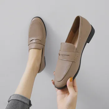 Vintage sievieti oksfordas kurpes chunky papēži mokasīni paslīdēt uz brogues apaļu purngalu visu maču mokasīni sieviešu ādas derby kurpes km98