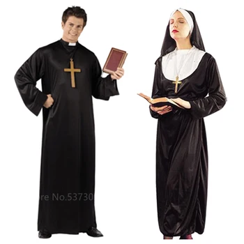 Vīrieši Halloween Viduslaiku Priesteris, Misionārs Cosplay Tērpi Sievietēm Ilgi Mūķene Kleita Drēbes ar Plīvuru Karnevāla Puse Valkā