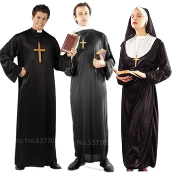 Vīrieši Halloween Viduslaiku Priesteris, Misionārs Cosplay Tērpi Sievietēm Ilgi Mūķene Kleita Drēbes ar Plīvuru Karnevāla Puse Valkā