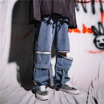Vīrieši Noņemams Zip Bikses Gadījuma Džinsa Taisni Elsas Vīriešu Streetwear Hip Hop Vintage Modes Zaudēt Plaša Kāju Džinsu Bikses