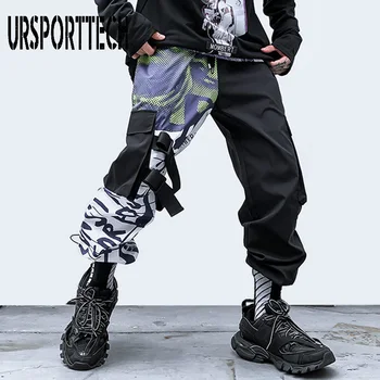 Vīrieši Streetwear Hip Hip Kravas Bikses Kabatas Lentes Harajuku Harēma Bikses Krāsu Bloku Raibs Joggers Bikses Rudens Dziesmu Bikses