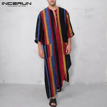 Vīrieši Svītrainām Musulmaņu Kaftan Islāma arābu garām Piedurknēm, Kabatām Gadījuma Vintage Drēbes, Dubaija Caftan Mens Jubba Thobe S-5XL INCERUN