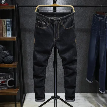 Vīrieši streetwear Stiept Slim fit Karpas izšuvumi Jogger Džinsa bikses Japāņu, Ķīniešu stila Cilvēks kokvilnas gadījuma džinsa bikses