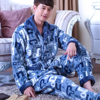 Vīriešu Coral Fleece Pidžamas Vīriešu Sabiezējums Flaneļa garām Piedurknēm Homewear 2gab Koraļļu Samta Naktsveļu Plus Lieluma Sleepwear D-2078