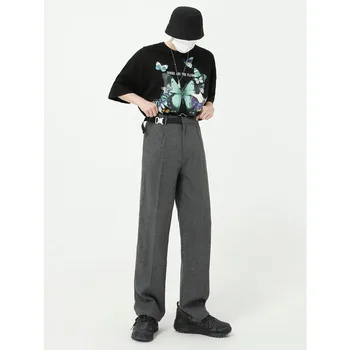 Vīriešu Jostas Sprādzes Gadījuma Elsas Uzvalks Vīrietis, Japāna, Koreja Streetwear Vintage Modes Garās Bikses Taisnas Bikses