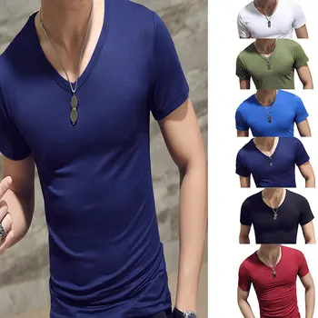 Vīriešu T-krekls Fitnesa Sporta Apģērbi Vīriešu t-veida Topi, T Krekls, Vīriešu Vasaras vienkrāsainu V-veida kakla T-krekli Vīriešiem Augstas Kvalitātes