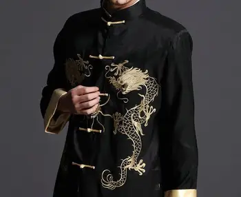 Vīriešu melna tang žakete/tradicionālā Ķīniešu apģērbs/izšūti ssangyong ir vīrieši, tai chi garām piedurknēm blousejacket