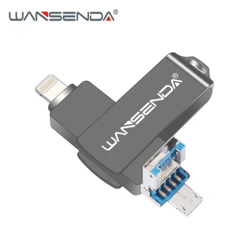 WANSENDA 3 in 1 USB Flash Drive IOS/Android/GAB 128GB 64GB, 32GB 16GB USB3.0 Pendrive Daudzfunkcionāls Pen Drive Memory Stick