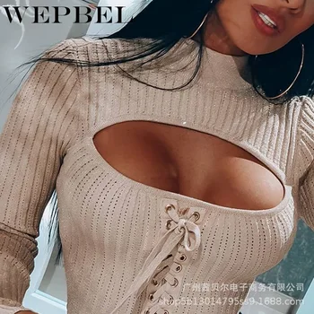 WEPBEL Sievietes Sexy Pārsējs Trikotāžas Džemperis Kultūraugu Top Džemperis Gadījuma Dāmas Elegants ar garām Piedurknēm augstu uzrullētu apkakli Slim Fit Trikotāža