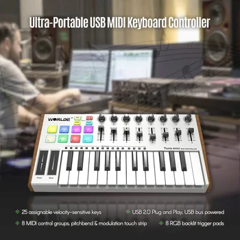 WORLDE Midi Klaviatūras Midi Kontrolieris TUNZIVJU 25-Key USB MIDI Tastatūras Kontrolleris 8 RGB Backlit Izraisīt Spilventiņi ar 6.35 mm Pedāli Ligzda