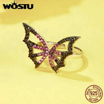 WOSTU Patiesu 925 Sterling Silver Butterfly Elfu Gredzeni Regulējams Kāzu Tauriņi Gredzens Black & Pink Zircon Rotaslietas BNR072