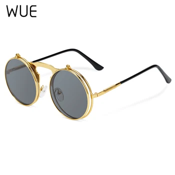 WUE Vintage Steampunk Saulesbrilles Apaļas Metāla Sievietēm, Retro Stila Flip Apļveida Dubultās Metāla, Saules Brilles Vīriešiem Zīmola Dizaineru Brilles