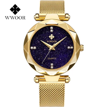 WWOOR Luxury Gold Sieviešu Pulkstenis Zvaigžņotām Debesīm Sieviešu Pulkstenis Modes Crystal Diamond Dāmas Skatīties Kvarca Rokas pulksteni Reloj Mujer 2021