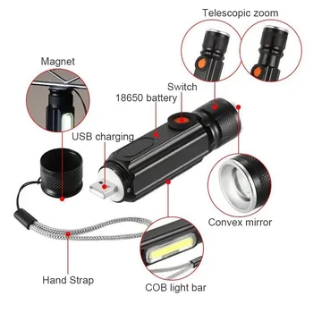 Wasafire XML T6 Spēcīgu LED Zibspuldzi, USB Uzlādējams Zoomable Lāpu Pusē COB Gaismas Dizains Magnēts Asti Flash Gaismas