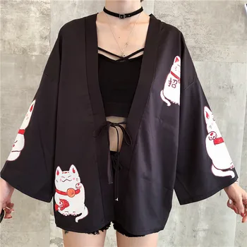 Woherb 2020. Gada Vasaras Kawaii Kimono Blūze Drukāt Karikatūra Kaķis Blusas Plus Lieluma Ilgi Pārsējs Krekls Dāmas Zaudēt Blūzes 20871