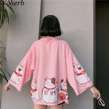 Woherb 2020. Gada Vasaras Kawaii Kimono Blūze Drukāt Karikatūra Kaķis Blusas Plus Lieluma Ilgi Pārsējs Krekls Dāmas Zaudēt Blūzes 20871