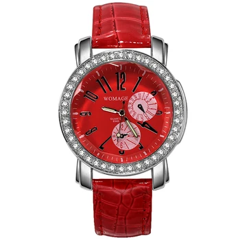 Womage Populāro Zīmolu Skatīties Sieviešu Bling Kristāla Personalizētu Red Pulksteņi Ādas Band Kvarca Skatīties Gadījuma Sievietēm Skatīties Reloj Mujer