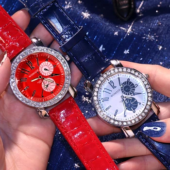 Womage Populāro Zīmolu Skatīties Sieviešu Bling Kristāla Personalizētu Red Pulksteņi Ādas Band Kvarca Skatīties Gadījuma Sievietēm Skatīties Reloj Mujer
